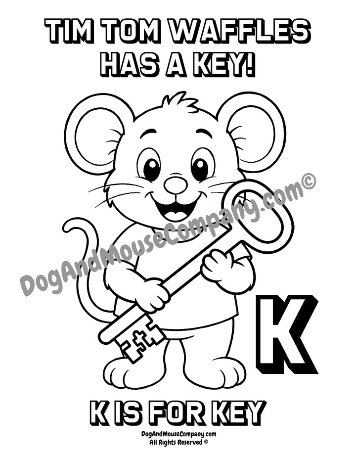 Black and white coloring page featuring a cartoon mouse holding a key, with the text &