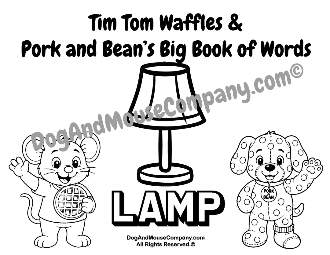 Lamp coloring page featuring Tim Tom Waffles and Pork and Bean Big Book of Words Around The House printable activity for toddlers and preschoolers