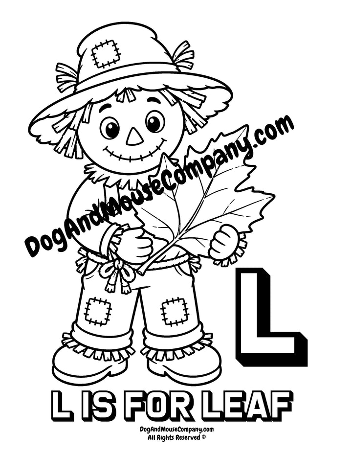 Rusty the Scarecrow holding a giant fall leaf with uppercase letter L printable coloring page for preschool alphabet learning