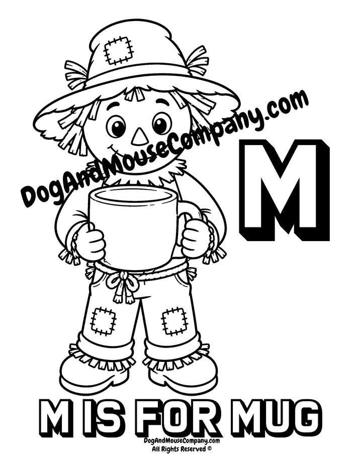 Rusty the Scarecrow holding a big mug with uppercase letter M printable coloring page for preschool alphabet learning