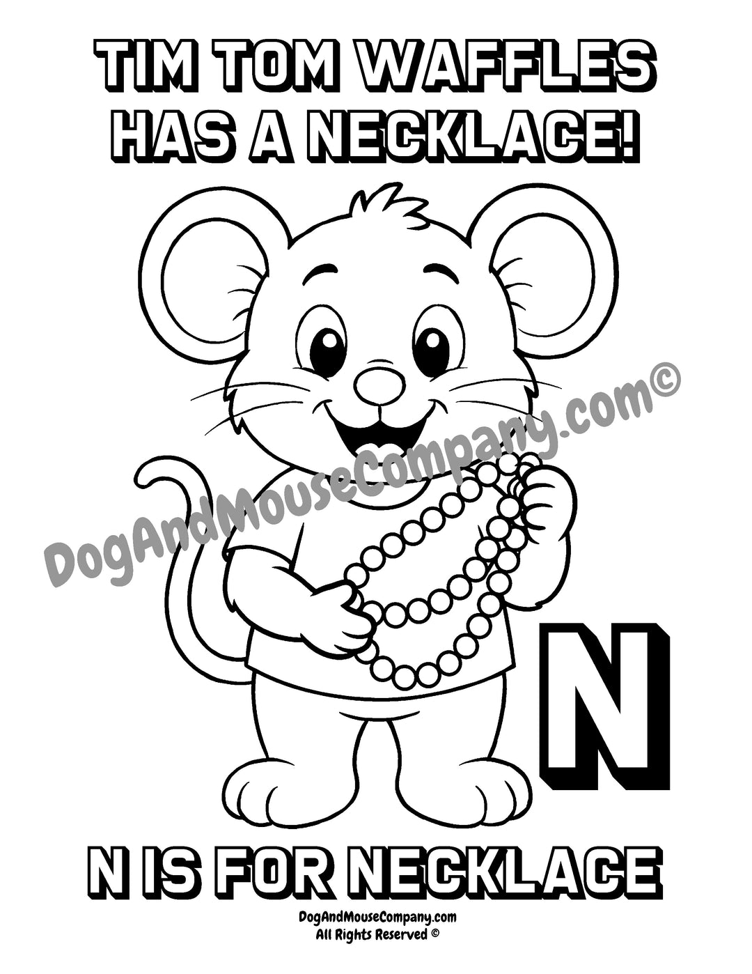 N Is for Necklace coloring page featuring Tim Tom Waffles holding a necklace with a large uppercase letter N for preschool alphabet learning printable.