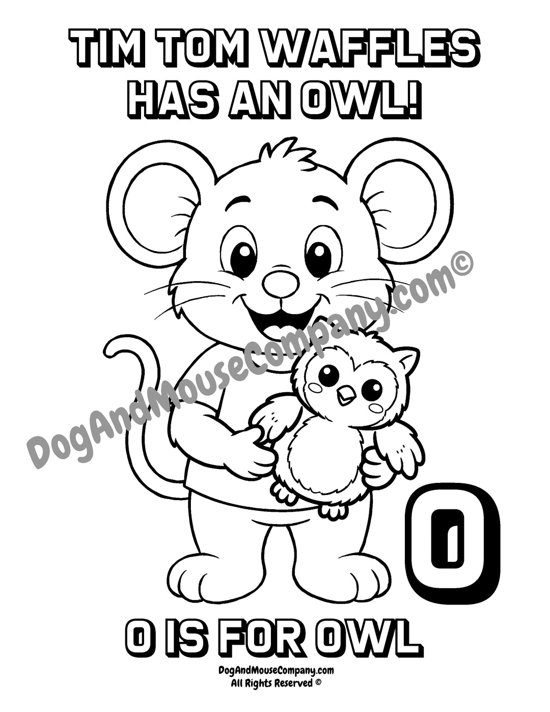 O Is for Owl coloring page featuring Tim Tom Waffles holding an owl with a large uppercase letter O for preschool alphabet learning printable.
