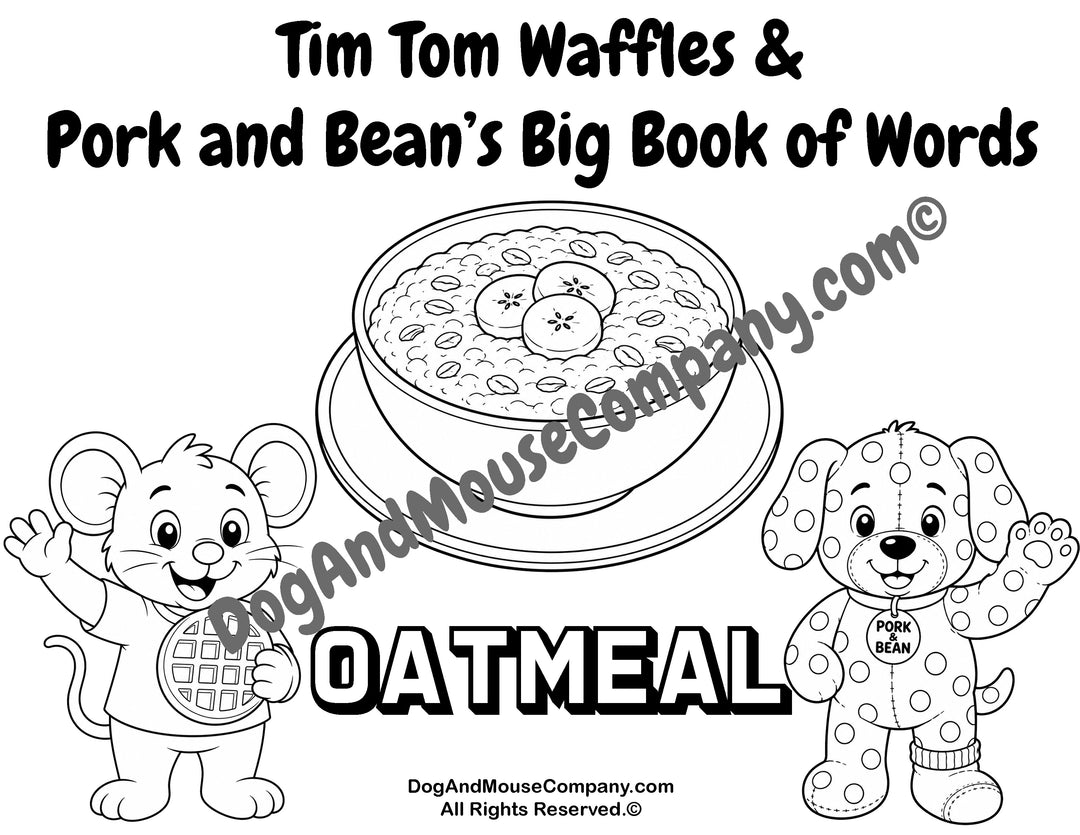 Oatmeal coloring page featuring Tim Tom Waffles and Pork and Bean for preschool breakfast food vocabulary learning