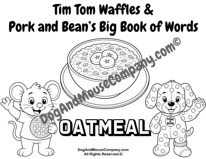 Oatmeal coloring page featuring Tim Tom Waffles and Pork and Bean for preschool breakfast food vocabulary learning