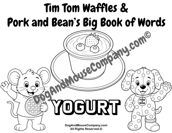 Yogurt coloring page featuring Tim Tom Waffles and Pork and Bean for preschool breakfast food vocabulary learning