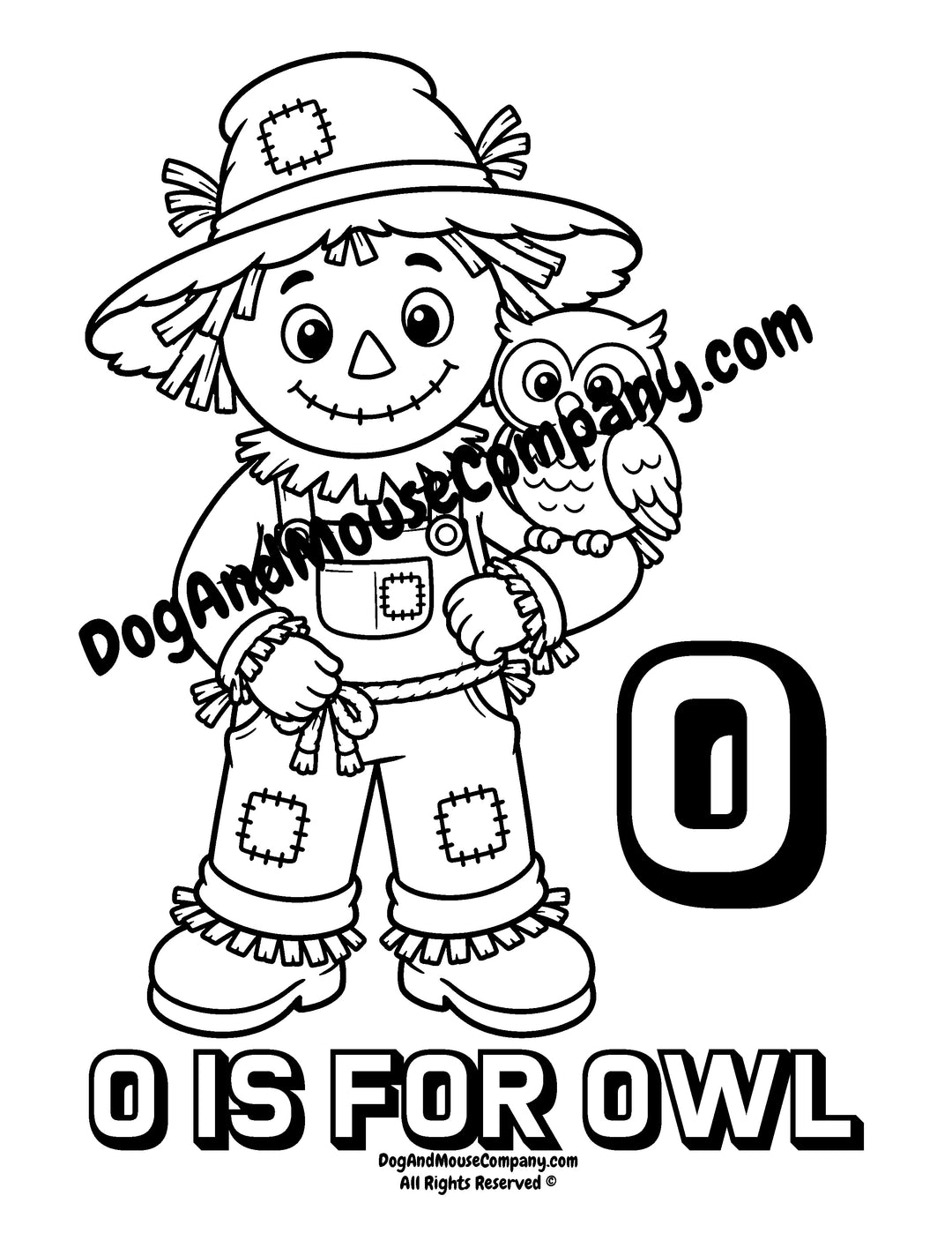 Rusty the Scarecrow with a friendly owl perched on his arm printable coloring page for preschool alphabet learning