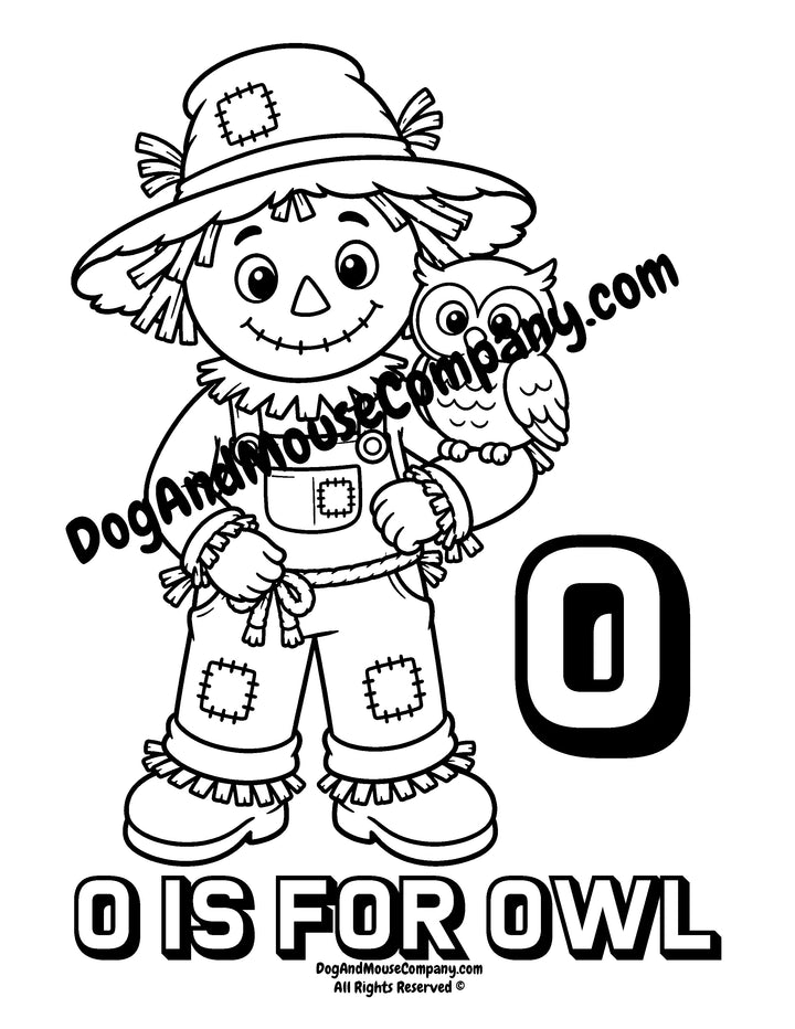 Rusty the Scarecrow with a friendly owl perched on his arm printable coloring page for preschool alphabet learning