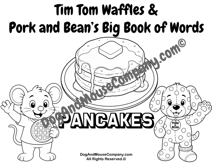 Pancakes coloring page featuring Tim Tom Waffles and Pork and Bean for preschool breakfast food vocabulary learning