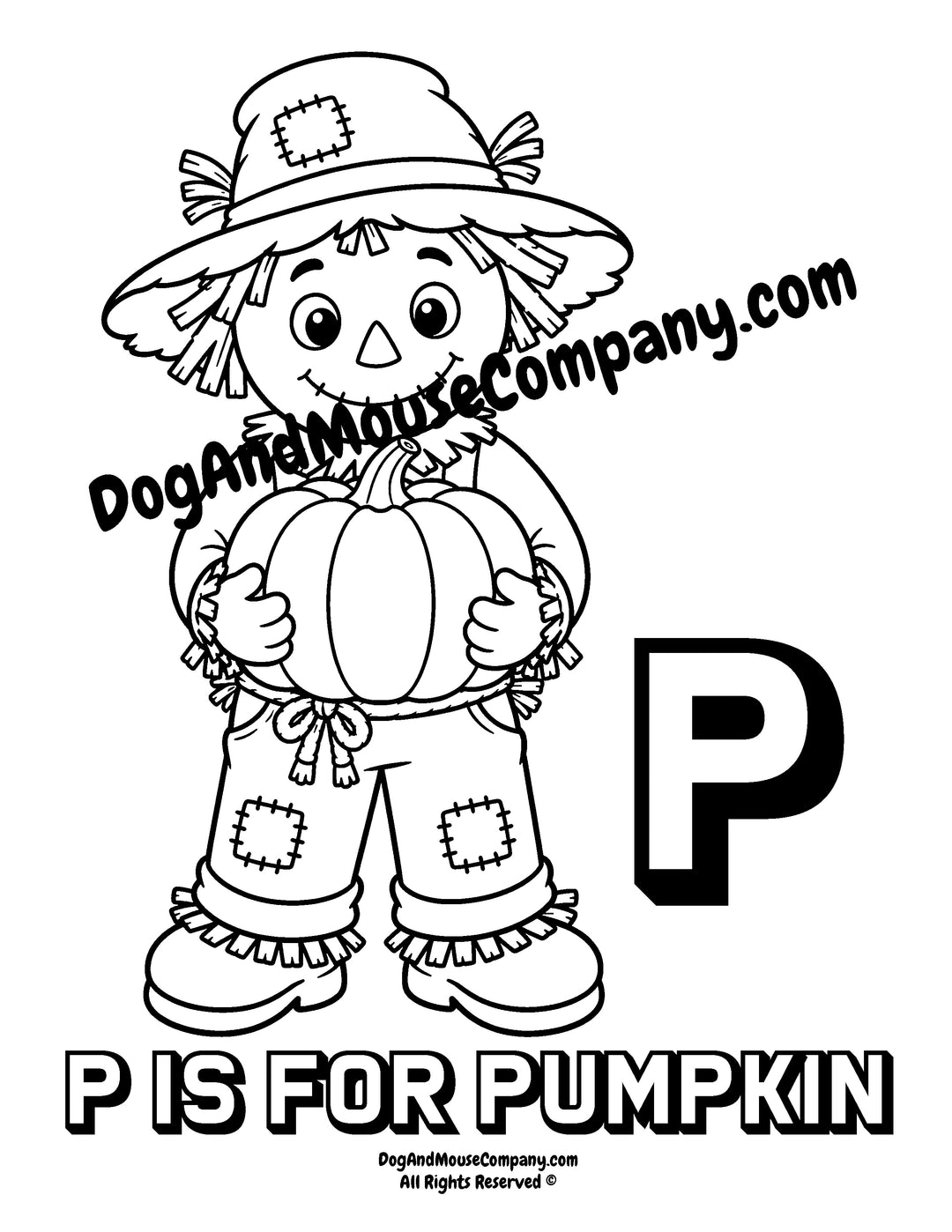 Rusty the Scarecrow holding a large pumpkin with uppercase letter P printable coloring page for preschool alphabet learning