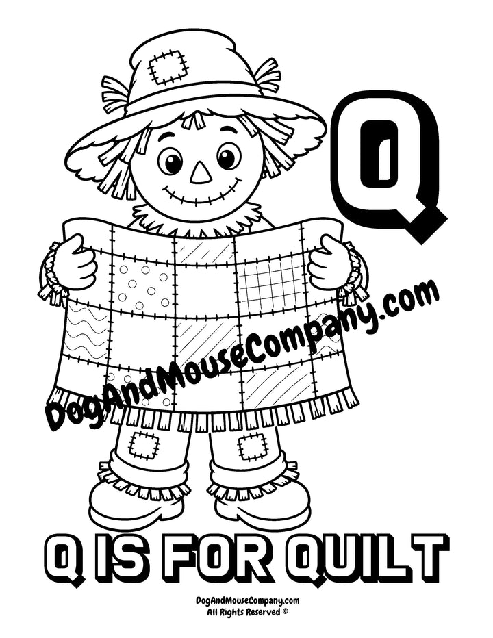 Rusty the Scarecrow holding a cozy patchwork quilt with uppercase letter Q printable coloring page for preschool alphabet learning