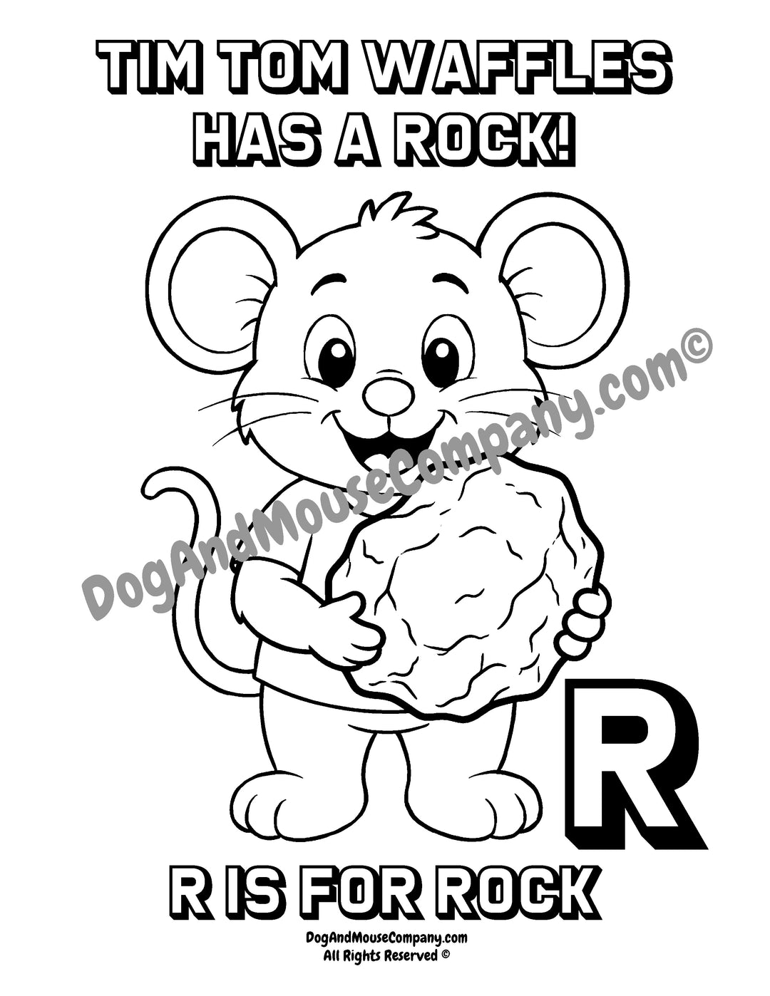 R Is for Rock coloring page featuring Tim Tom Waffles holding a rock with a large uppercase letter R for preschool alphabet learning printable.