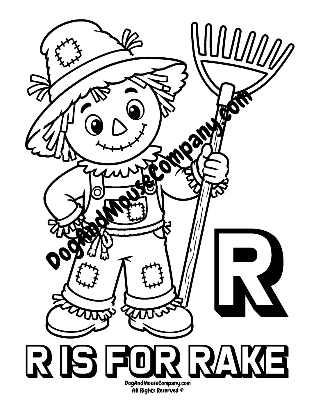 Rusty the Scarecrow holding a garden rake with uppercase letter R printable coloring page for preschool alphabet learning