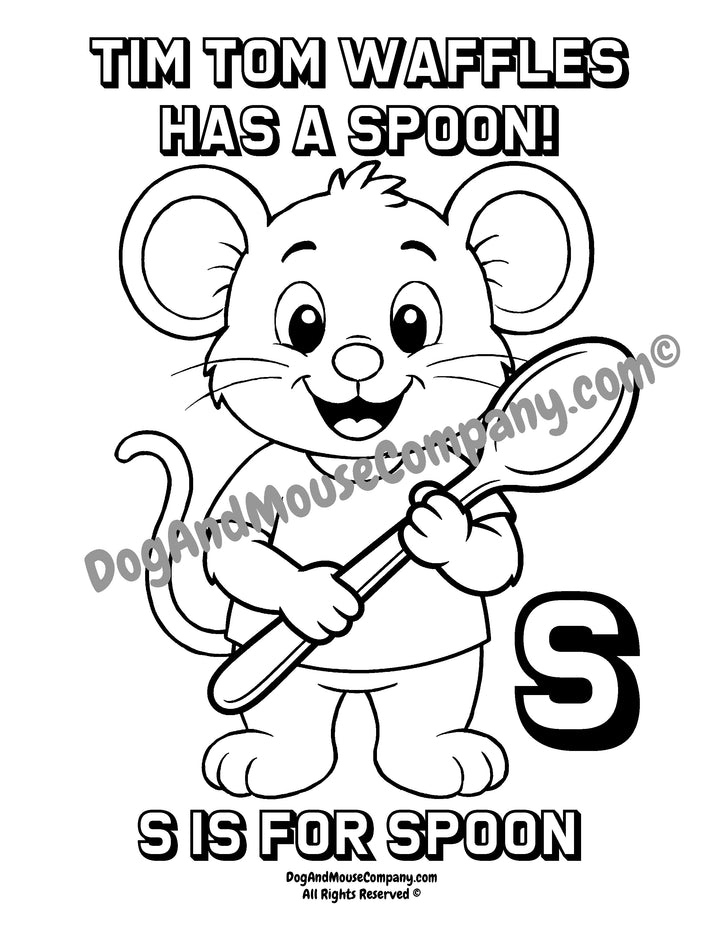 Black and white cartoon mouse holding a large spoon with the text &