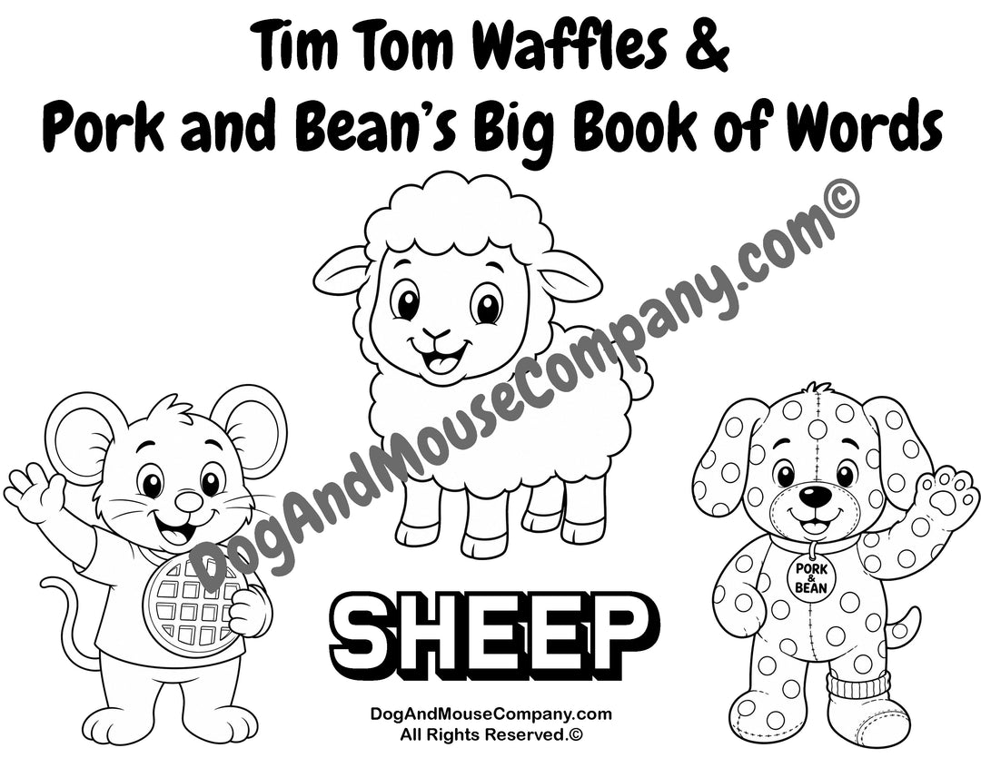 Sheep coloring page featuring Tim Tom Waffles and Pork and Bean’s Big Book of Words Animal Set printable for toddlers and preschoolers