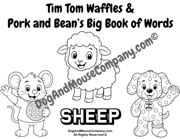 Sheep coloring page featuring Tim Tom Waffles and Pork and Bean’s Big Book of Words Animal Set printable for toddlers and preschoolers