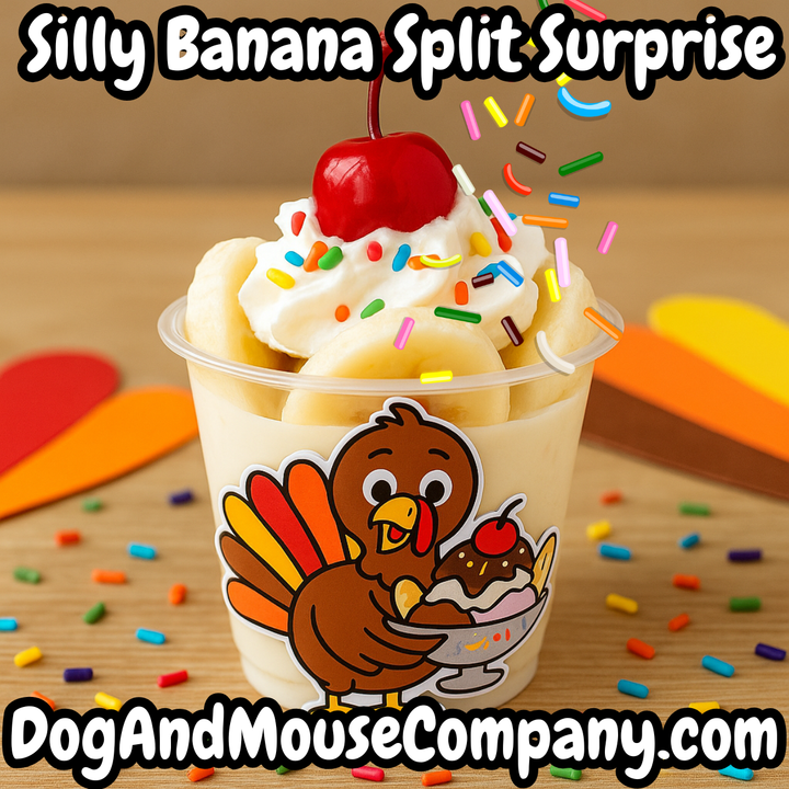 Turkey Banana Split Snack Sticker Template for your cup filled with banana slices, whip cream, spirnkles and a cherry. DogAndMouseCompany.com