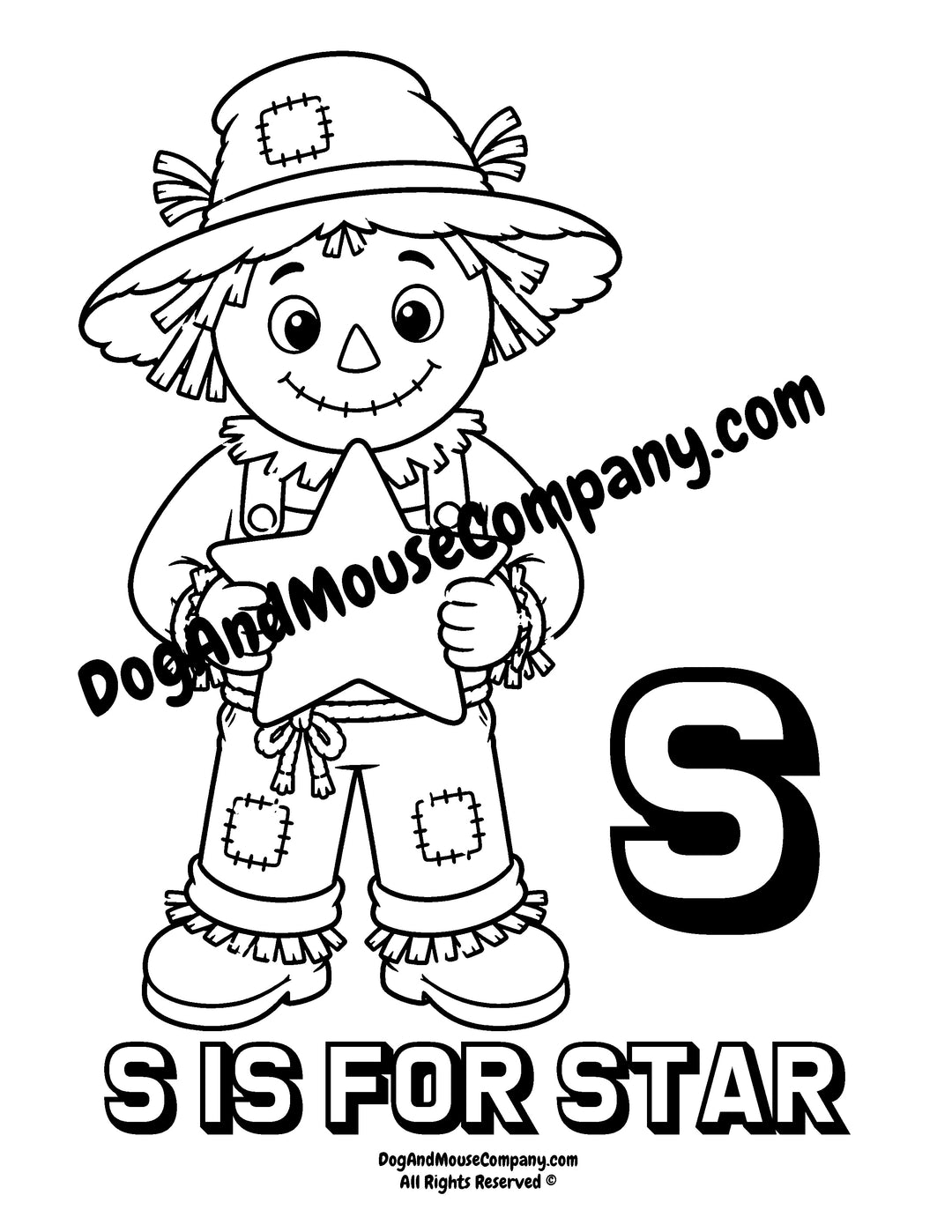 Rusty the Scarecrow holding a large star with uppercase letter S printable coloring page for preschool alphabet learning