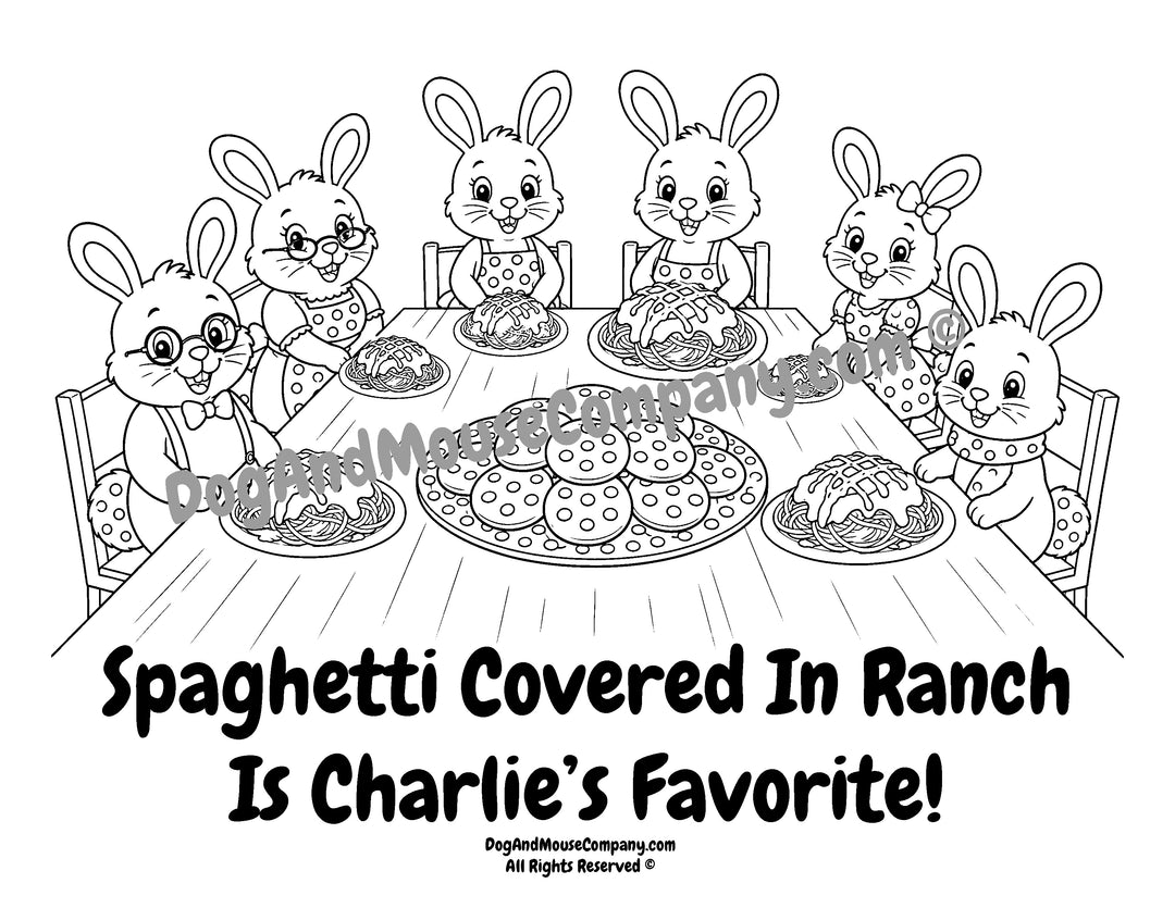 Charlie the Rabbit and his rabbit family eating spaghetti around a table in a printable black-and-white coloring page for kids.