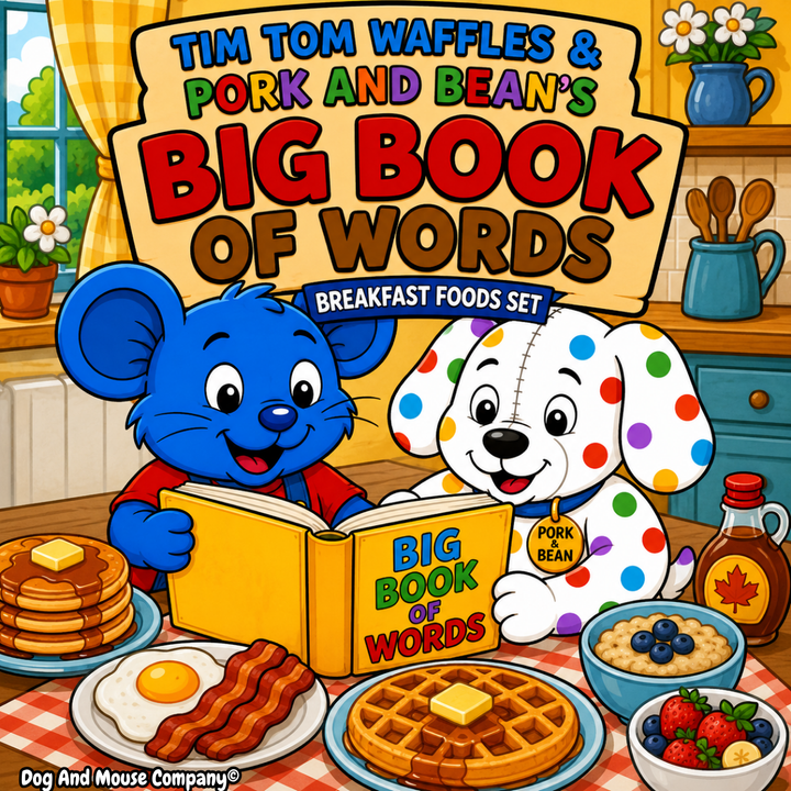 Tim Tom Waffles and Pork and Bean’s Big Book of Words Breakfast Foods Set featuring 10 preschool vocabulary coloring pages with biscuit and gravy, egg, bacon, waffle, pancakes, cereal, french toast, oatmeal, yogurt, and fruit.