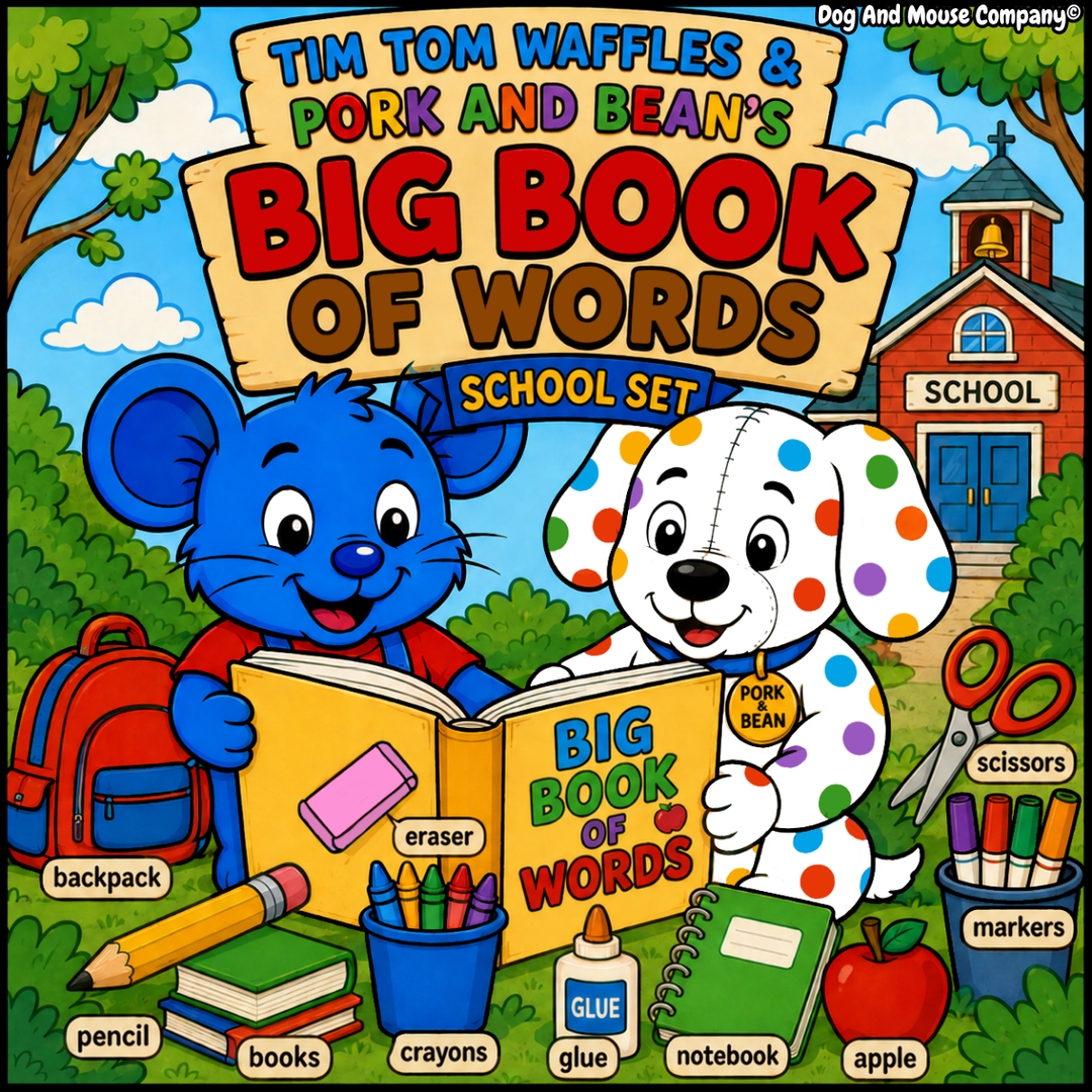 Tim Tom Waffles and Pork and Bean’s Big Book of Words School Set featuring 10 preschool vocabulary coloring pages with pencil, scissors, crayons, backpack, glue, eraser, books, notebook, lunch box, and marker.