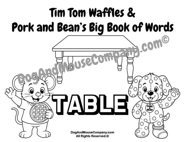 Table coloring page featuring Tim Tom Waffles and Pork and Bean Big Book of Words Around The House printable activity for toddlers and preschoolers