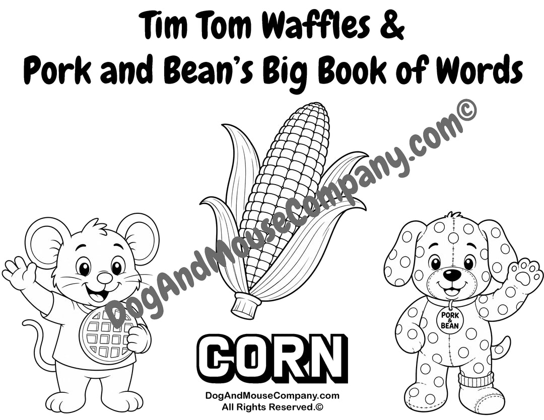 Tim Tom Waffles and Pork and Bean corn coloring page printable featuring a fall word learning activity for toddlers, preschool, and early vocabulary practice