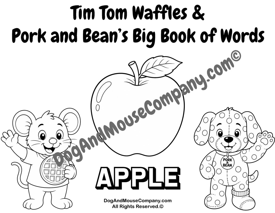Tim Tom Waffles and Pork and Bean apple coloring page printable featuring a fall word learning activity for toddlers, preschool, and early vocabulary practice