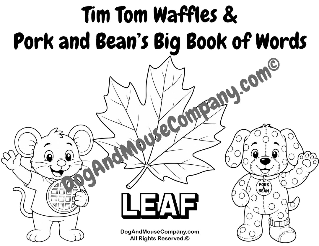 Tim Tom Waffles and Pork and Bean leaf coloring page printable featuring a fall word learning activity for toddlers, preschool, and early vocabulary practice