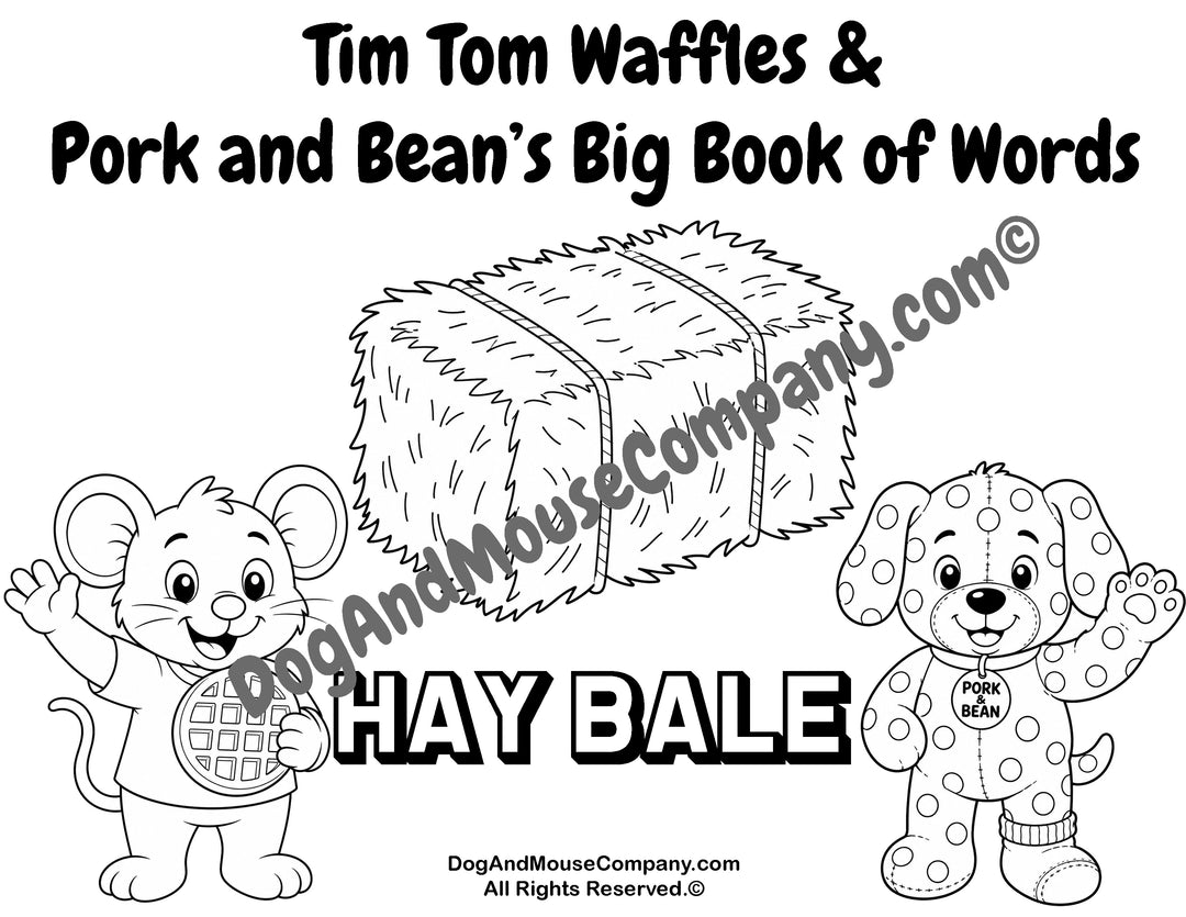 Tim Tom Waffles and Pork and Bean hay bale coloring page printable featuring a fall farm word learning activity for toddlers, preschool, and early vocabulary practice