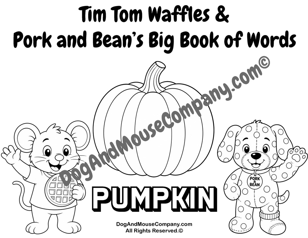 Tim Tom Waffles and Pork and Bean pumpkin coloring page printable featuring a fall word learning activity for toddlers, preschool, and early vocabulary practice