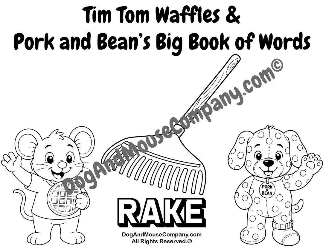 Tim Tom Waffles and Pork and Bean rake coloring page printable featuring a fall word learning activity for toddlers, preschool, and early vocabulary practice
