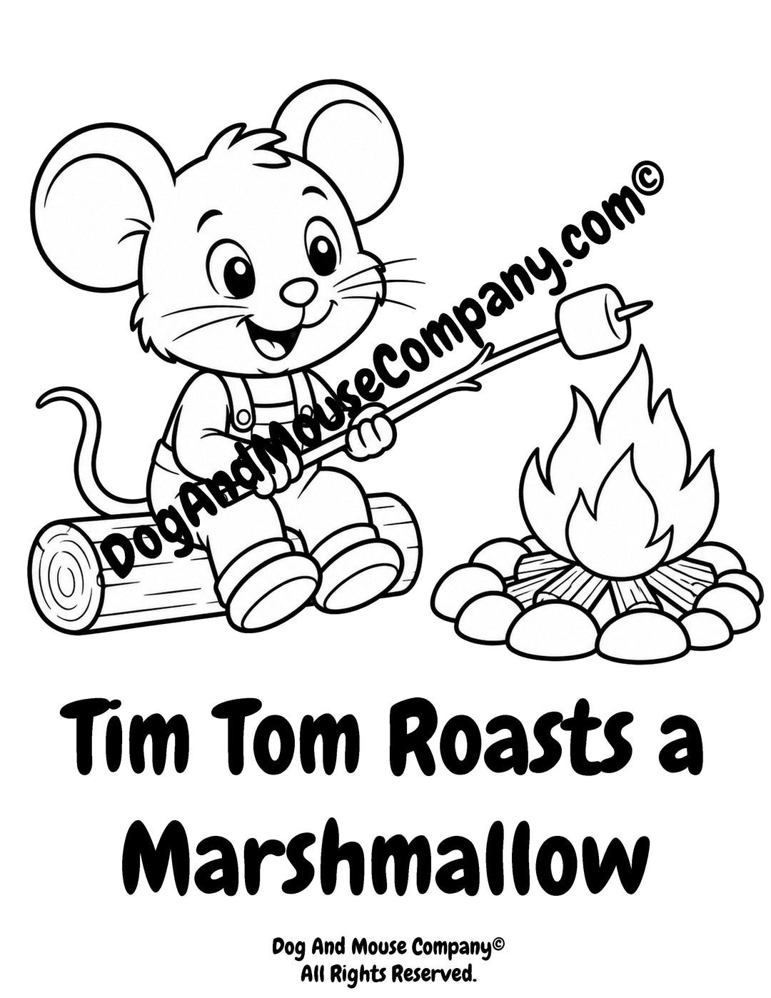 Tim Tom Waffles roasting a marshmallow over a campfire preschool printable coloring page
