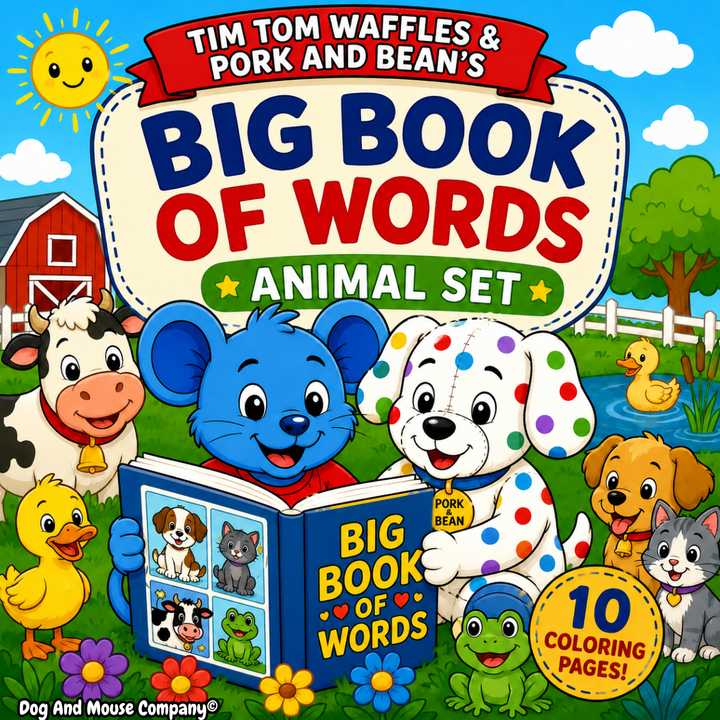 Animal coloring pages bundle featuring Tim Tom Waffles and Pork and Bean Big Book of Words printable activities for toddlers and preschoolers