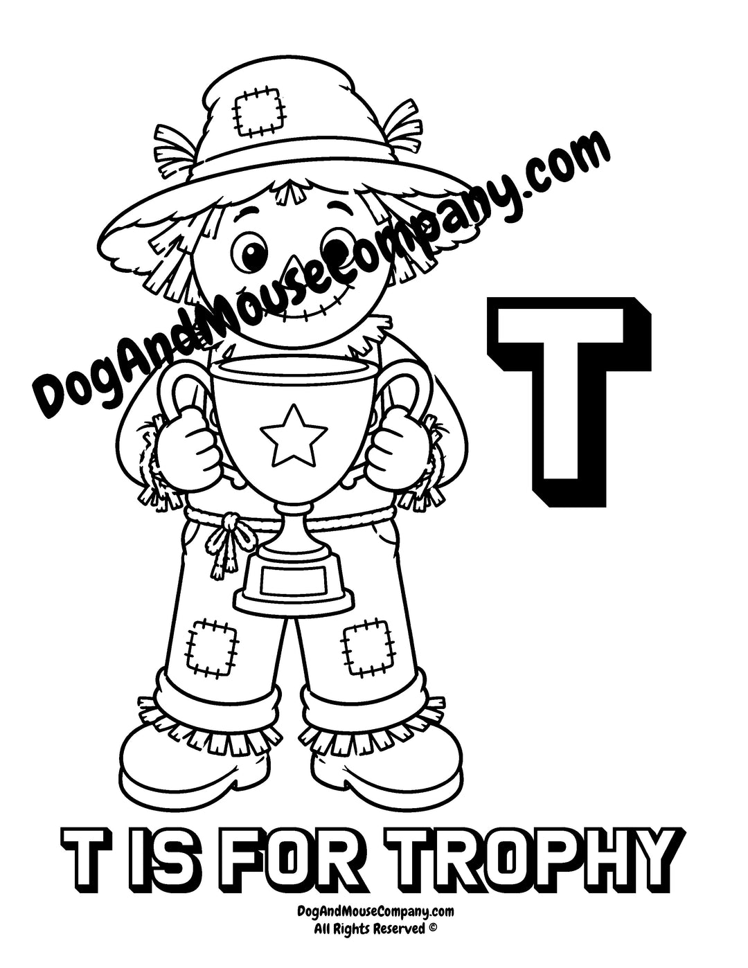 Rusty the Scarecrow holding a large trophy with uppercase letter T printable coloring page for preschool alphabet learning
