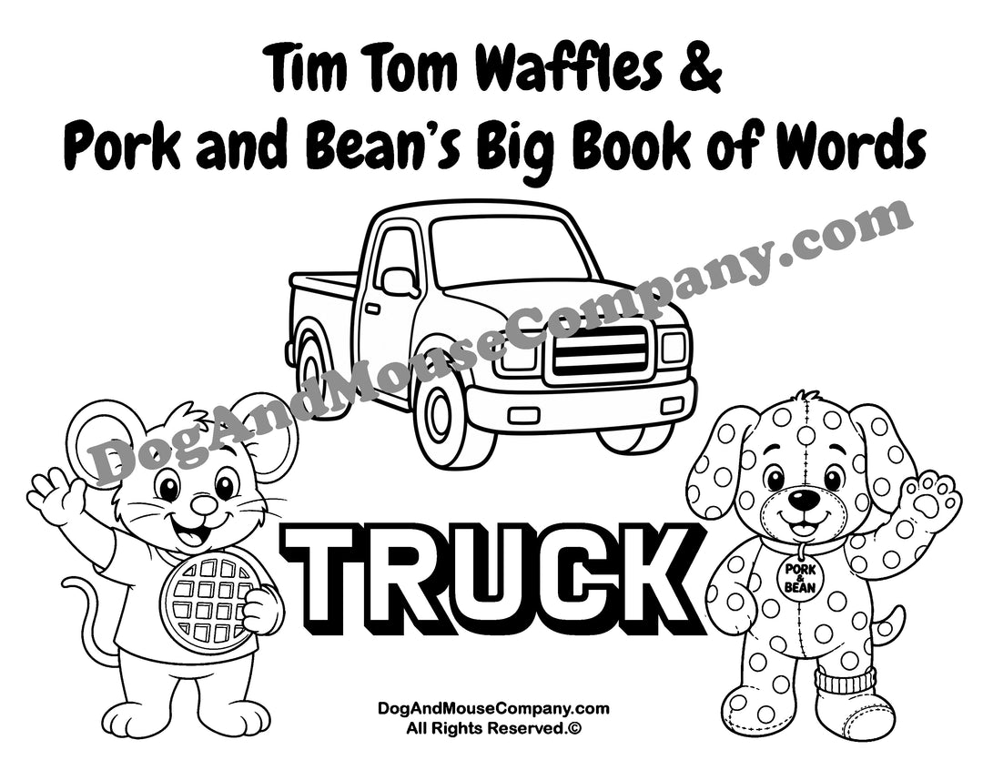 Truck coloring page featuring Tim Tom Waffles and Pork and Bean Big Book of Words Things That Go printable activity for toddlers and preschoolers