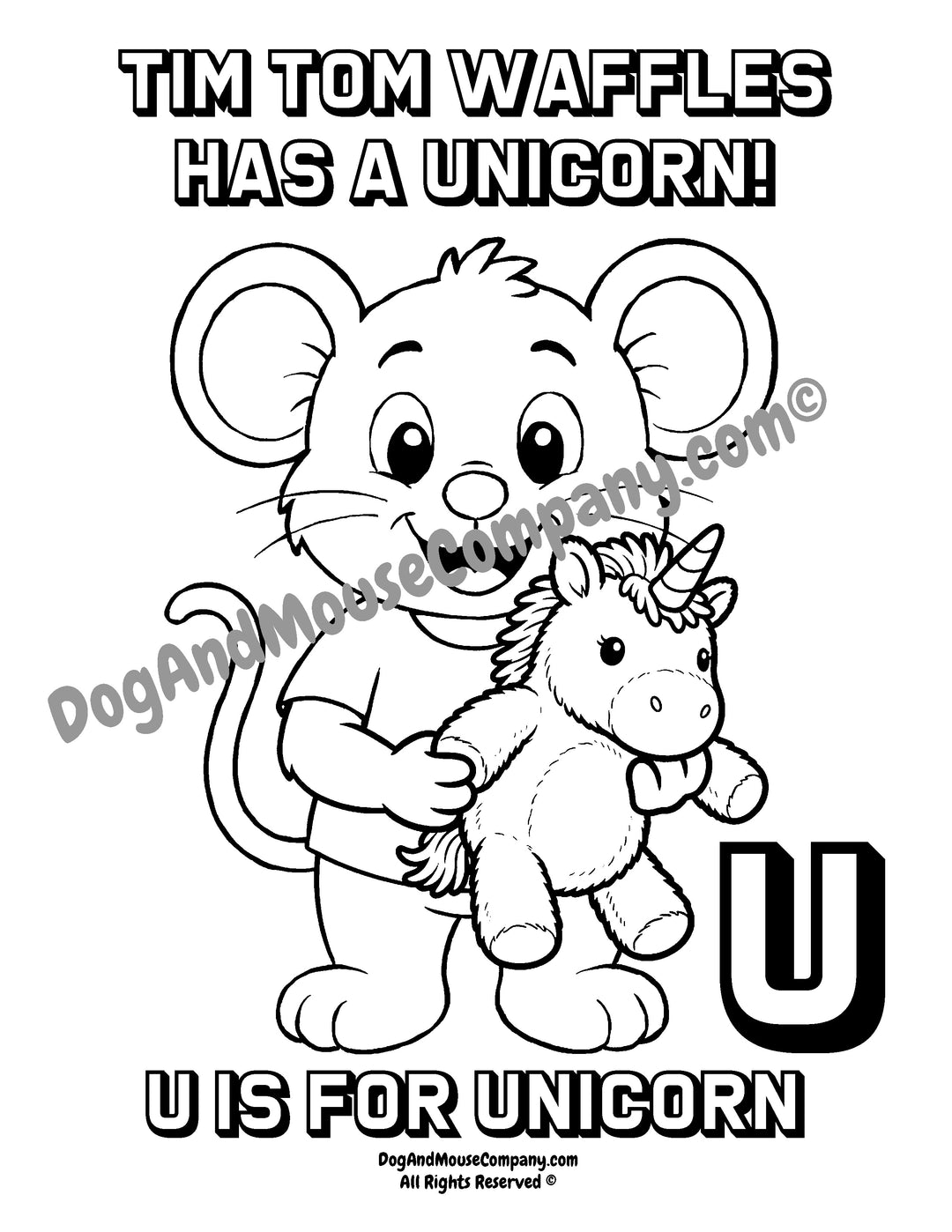 U Is for Unicorn coloring page featuring Tim Tom Waffles holding a unicorn with a large uppercase letter U for preschool alphabet learning printable.