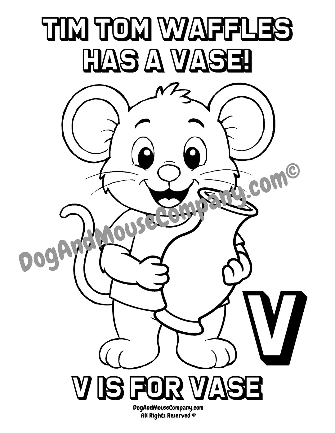 Black and white cartoon coloring page featuring a smiling dog and mouse holding a vase, with the text &