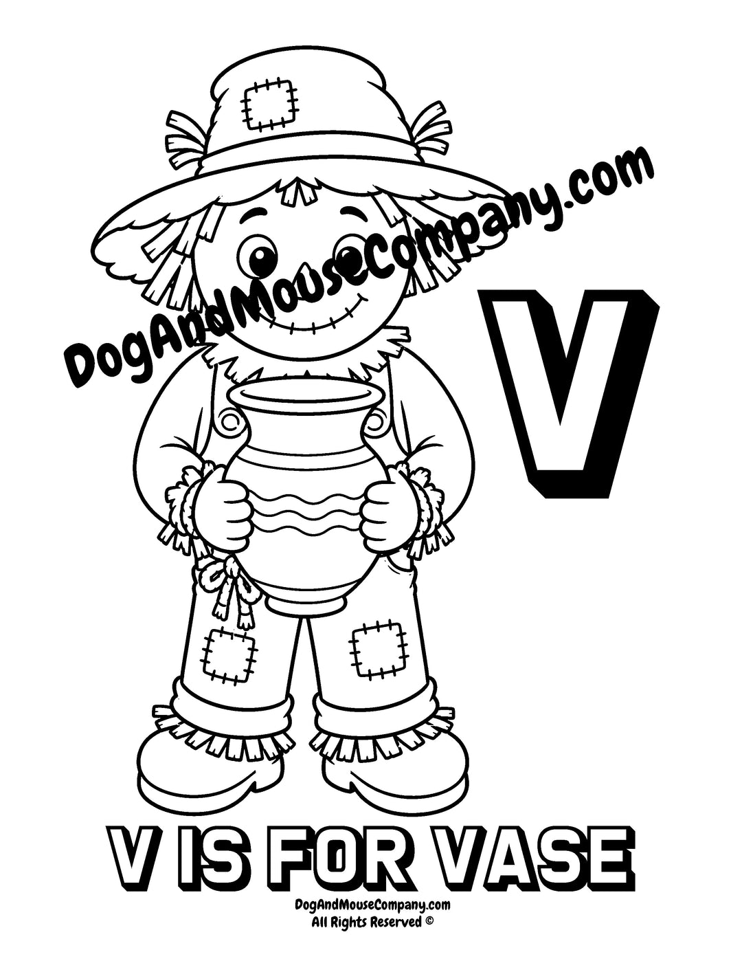 Rusty the Scarecrow holding a flower vase with uppercase letter V printable coloring page for preschool alphabet learning