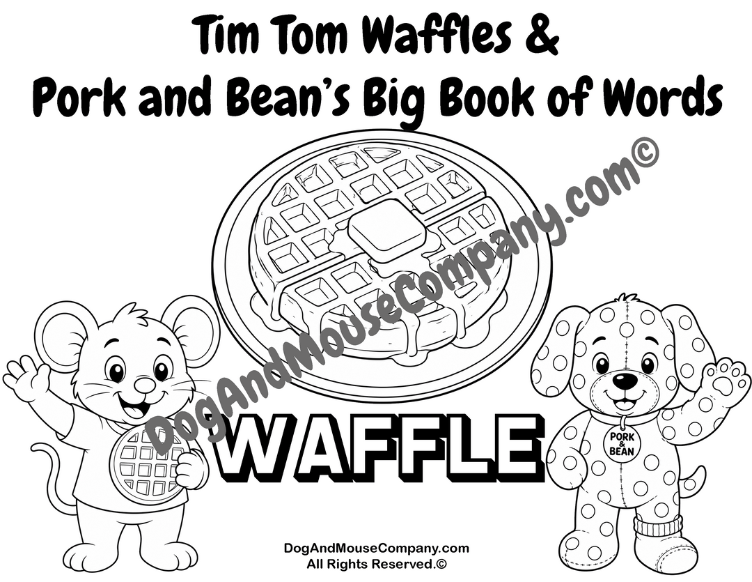Waffle coloring page featuring Tim Tom Waffles and Pork and Bean for preschool breakfast food vocabulary learning