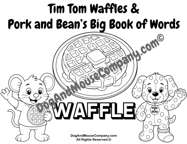 Waffle coloring page featuring Tim Tom Waffles and Pork and Bean for preschool breakfast food vocabulary learning