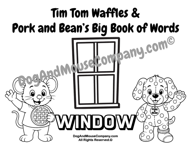 Window coloring page featuring Tim Tom Waffles and Pork and Bean Big Book of Words Around The House printable activity for toddlers and preschoolers