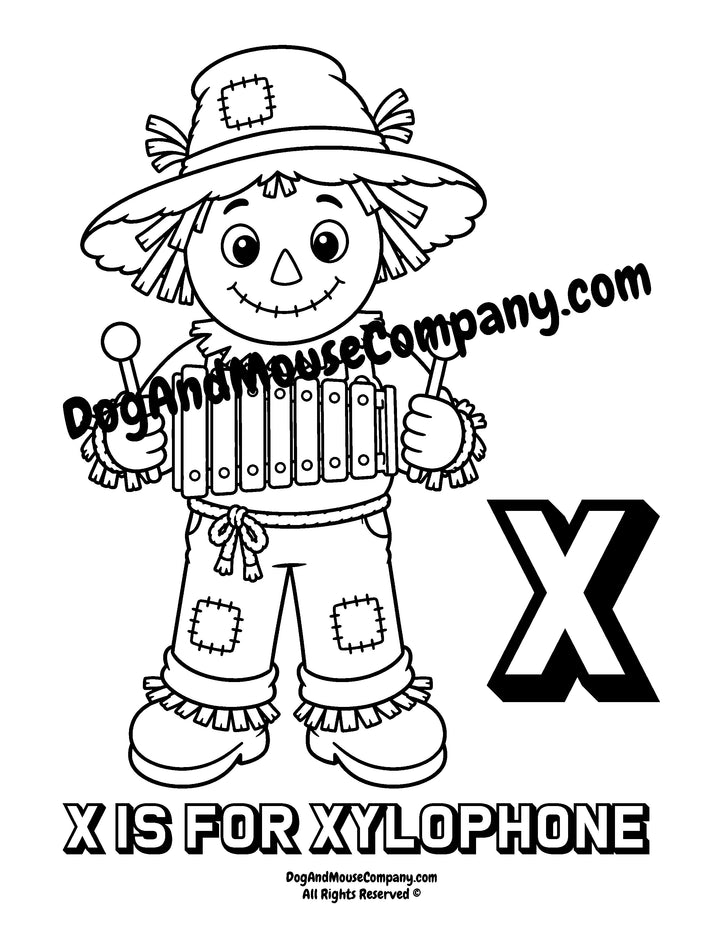 Rusty the Scarecrow holding a xylophone with uppercase letter X printable coloring page for preschool alphabet learning