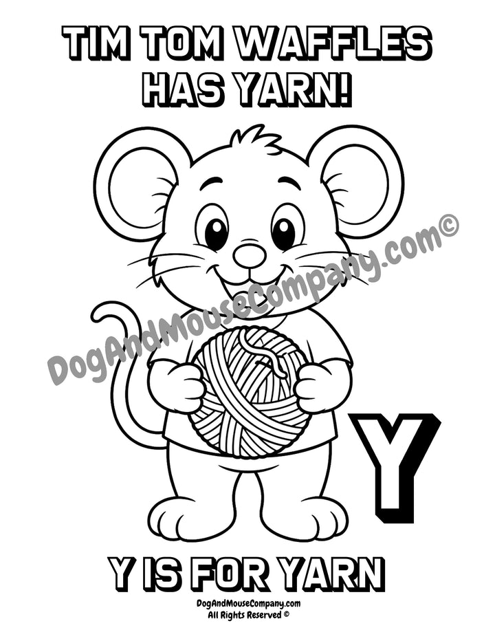 Black and white cartoon mouse coloring page with the text &