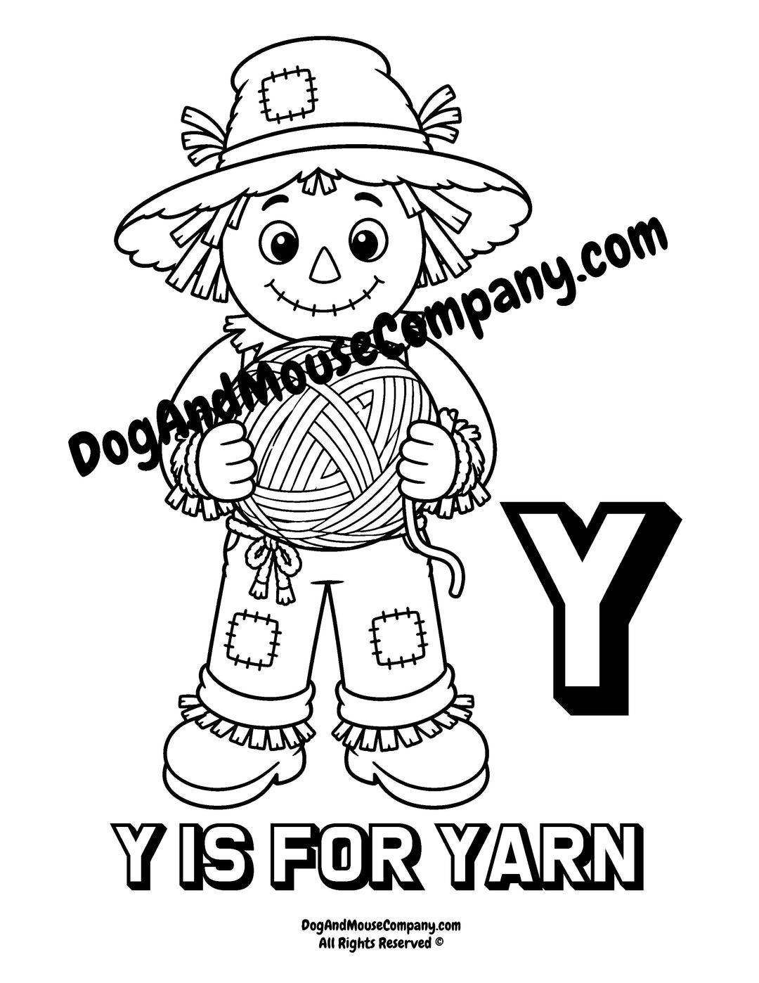 Rusty the Scarecrow holding a large ball of yarn with uppercase letter Y printable coloring page for preschool alphabet learning