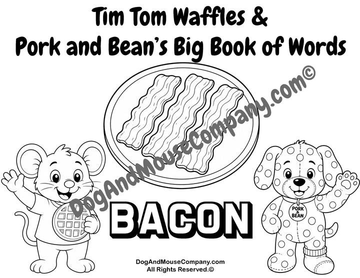 Bacon coloring page featuring Tim Tom Waffles and Pork and Bean for preschool breakfast food vocabulary learning