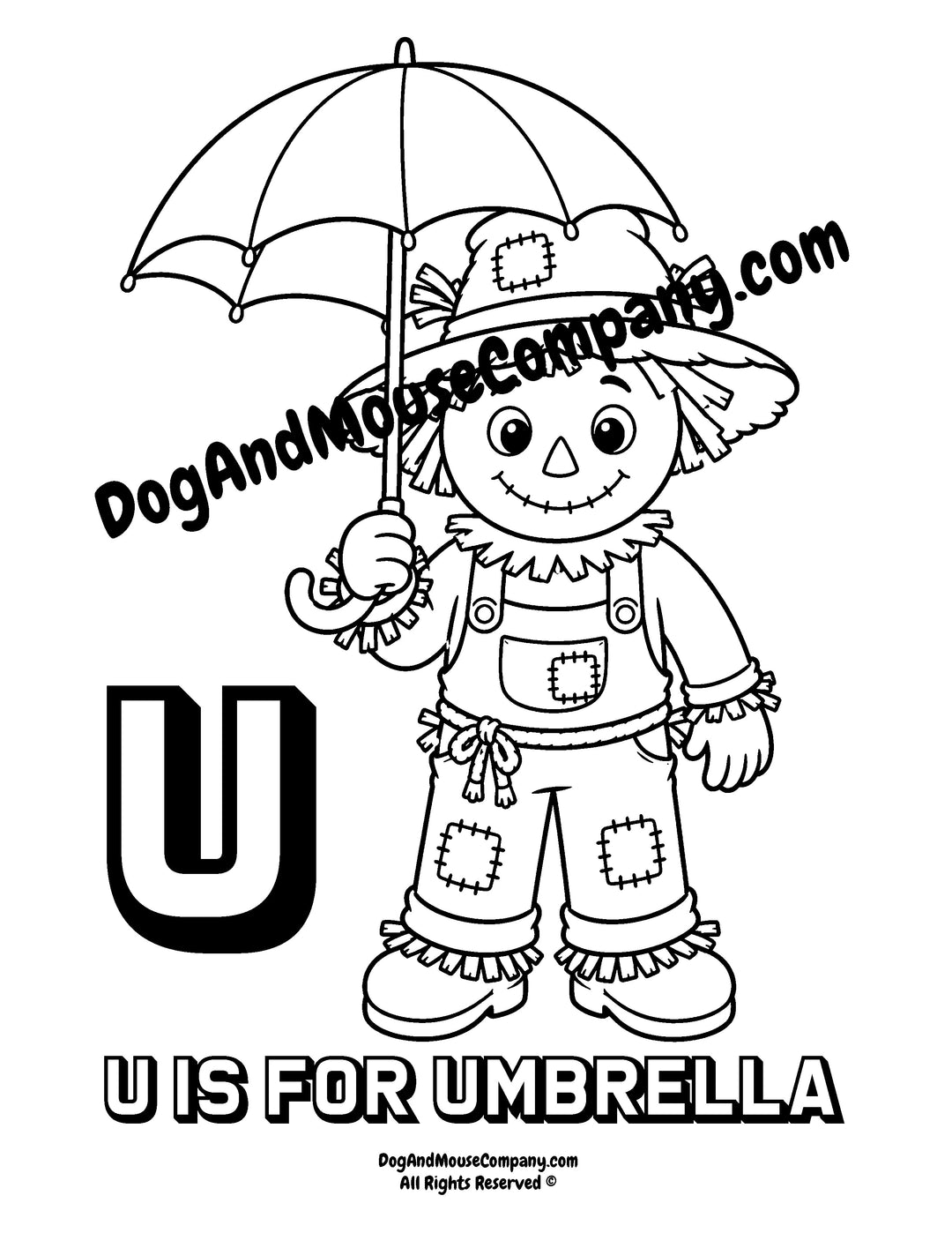 Rusty the Scarecrow holding a large umbrella with uppercase letter U printable coloring page for preschool alphabet learning