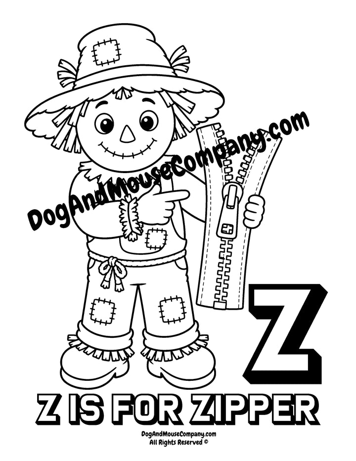 Rusty the Scarecrow pointing to a large zipper with uppercase letter Z printable coloring page for preschool alphabet learning