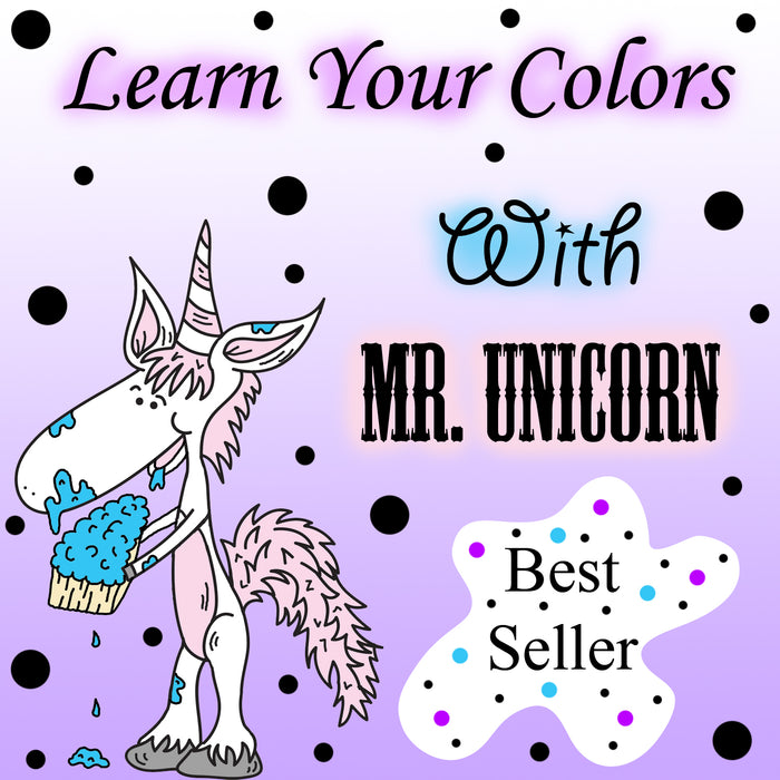 Learn Your Cake Frosting Colors With Mr. Unicorn Preschool Worksheets in Red, Pink, Blue, Orange, Black, Brown, Gray, Purple, Green, and Yellow by dogandmousecompany.com