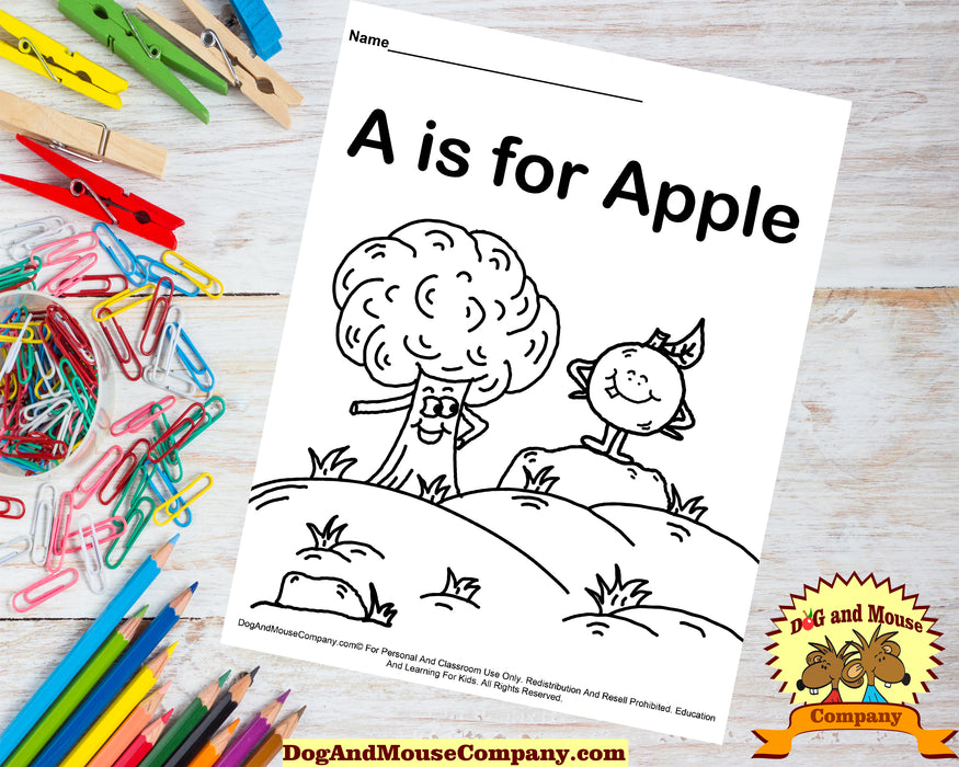A Is For Apple Coloring Page | Learn Your ABC's | Worksheet Printable Digital Download by Dog And Mouse Company