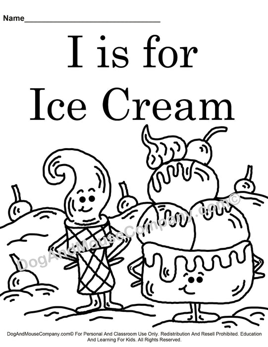 I Is For Ice Cream Colored Template | Learn Your ABC's Worksheet | Printable Digital Download by Dog And Mouse Company